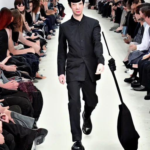 Prompt: Nathan Fielder on the runway modeling avant-garde Yohji Yamamoto clothes