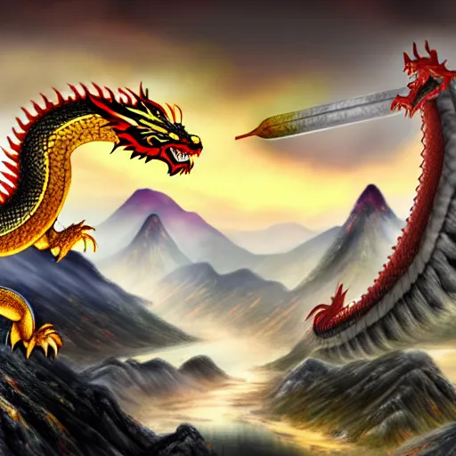 Image similar to Chinese president, bananas weapon, battle the dragon, centered, highly detailed, mountains, epic composition, background, fantasy art, 8k