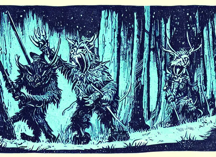 Prompt: blue woodcut print cartoon, bugbear at midnight by greg rutkowski, fine details, highly detailed