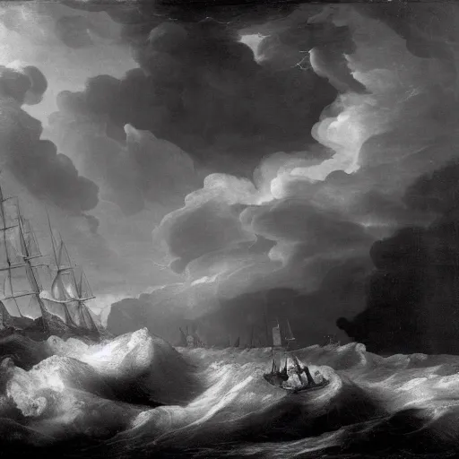 Prompt: 17th century man of war in a storm, turbulent waves, lightning in the background, black tint, Carl Friedrich