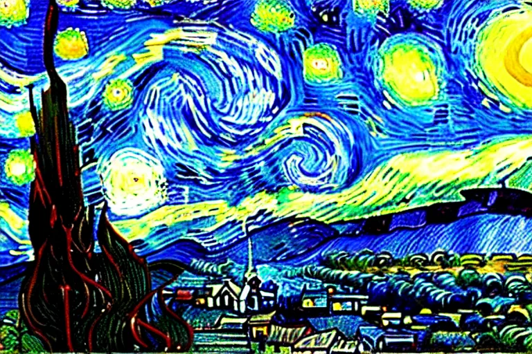 Image similar to starry night by van gogh made of colorful bismuth