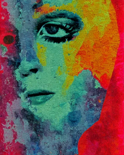 Prompt: collage, colorful stains, 1 9 6 0 s, 1 9 9 0 s, color block, photoshop, messy brush strokes, primary colors, fuzzy textures, a woman's face