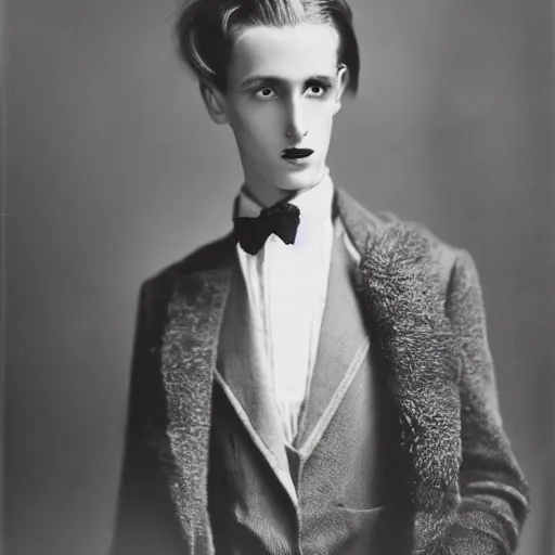 Prompt: High resolution 1930s portrait of a young anorexic man with very long hair and extravagant clothes