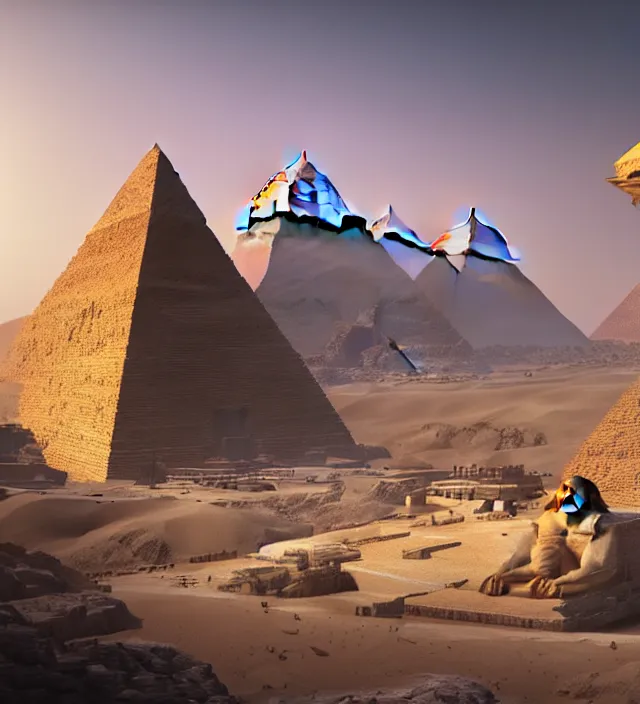 Prompt: an anthropomorphic beautiful great futuristic pyramid civilisation in a desert, gold, sphinx, dungeon temple, fine art, award winning, intricate, elegant, sharp focus, octane render, hyperrealistic, cinematic lighting, highly detailed, digital painting, 8 k concept art, art by jamie hewlett and z. w. gu, masterpiece, trending on artstation, 8 k