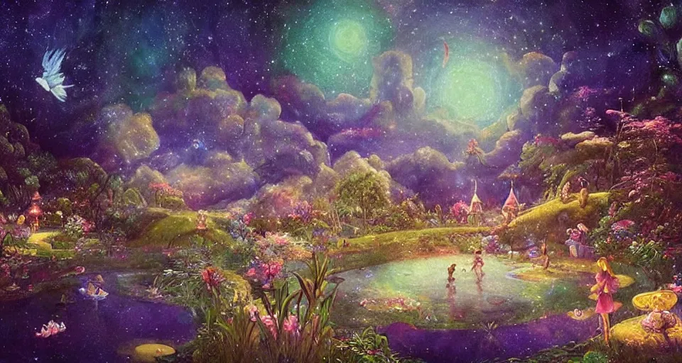 Image similar to a whimsical fairyland with a pond, starry sky, ambient lighting, fantasy art, fennando amorsolo style art