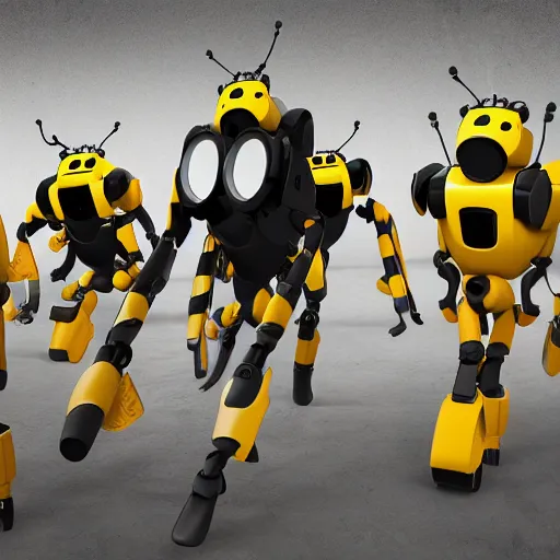 Prompt: a team of bee robots, hyperrealistic, digital art, 4 k