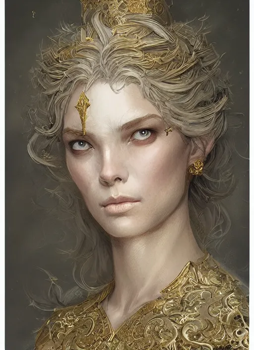 Prompt: female pale aristocrat, gold, character portrait, concept art, intricate details, highly detailed by greg rutkowski, michael whelan and gustave dore, face enhance, ultra detailed