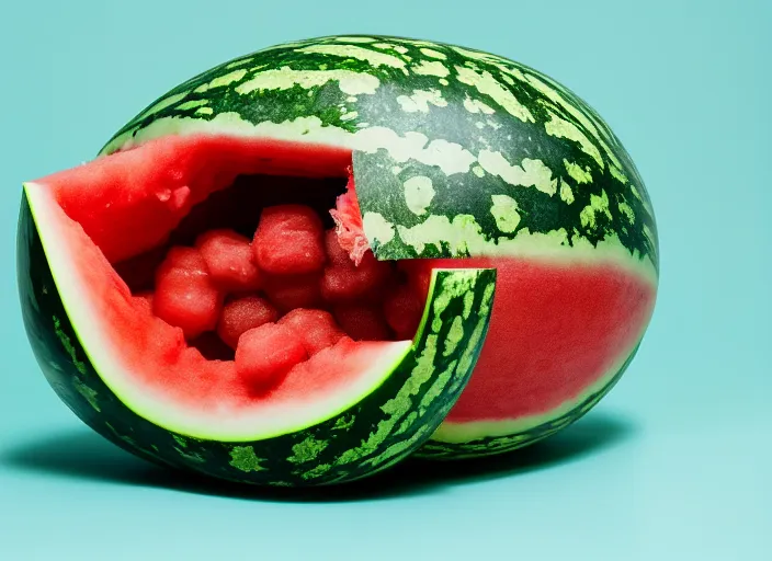 Image similar to photo still of a watermelon with human teeth, 8 k, studio lighting bright ambient lighting key light, 8 5 mm f 1. 8