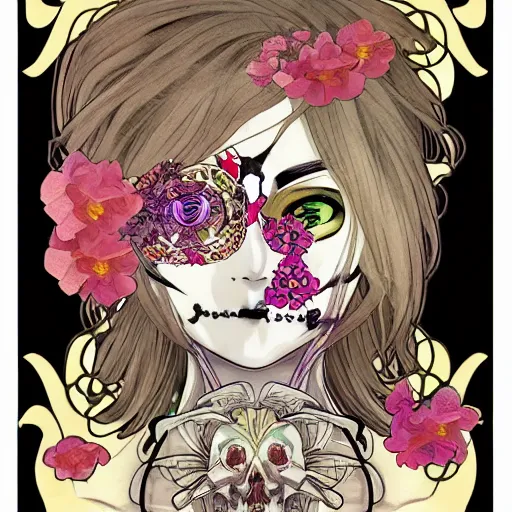 Image similar to anime manga skull portrait face skeleton female with flowers illustration style by Alphonse Mucha and Takashi Murakami pop art nouveau