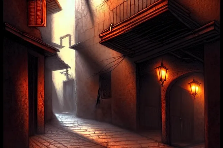 Image similar to a shadowy alleyway in the city of tyr from athas, amazing dark sun d & d art, by gerald brom, by wlop, intricate details, ultra realistic, beautiful, volumetric lighting, warm colors advance cool colors recede, cell shading, 8 k, by james gurney, by greg rutkowski, trending cgsociety, artstation