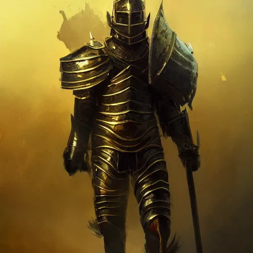 Image similar to anthropomorphic knight warrior stands tall wearing black and gold plate armor, oil painting, Tooth Wu, Greg Rutkowski, RPG, dynamic lighting, fantasy art, High contrast, depth of field, landscape, scenery