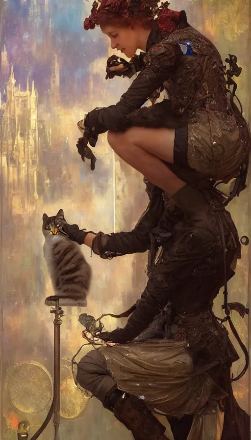 Image similar to hyper realistic photographer taking a picture of a cat, magical, steampunk, painted by tom bagshaw, mucha, gaston bussiere, craig mullins, j. c. leyendecker 8 k