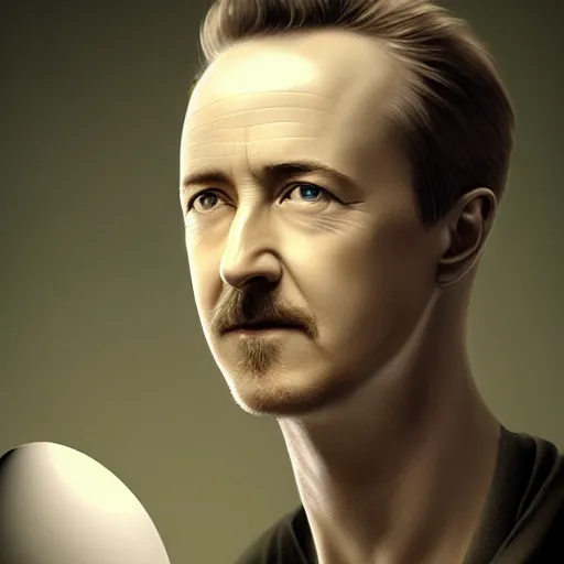 Image similar to edward norton's face as an egg with beautiful eggshell texture, smooth, sharp focus, comical, highly detailed, dramatic lighting, concept art by caravaggio and greg rutkowski and artgerm