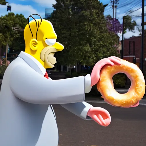 Image similar to Homer Simpson trying to steal a donut, XF IQ4, f/1.4, ISO 200, 1/160s, 8K, Sense of Depth, color and contrast corrected, Nvidia AI, Dolby Vision, in-frame