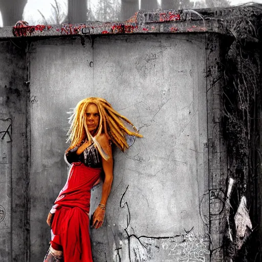 Image similar to pretty woman with red and blonde dreadlocks, standing in a ruined post apoc street, holding a spare. dramatic lighting luis royo, wlop