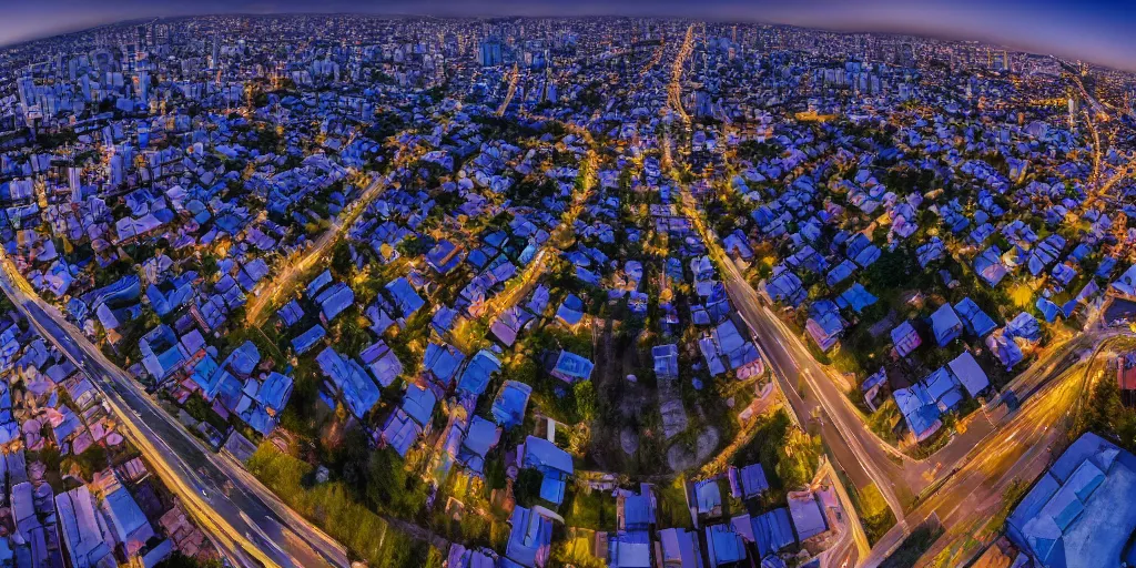 Image similar to Night view of suburb streets and residential apartment buildings in the distance. 3d spherical panorama with 360 viewing angle ready for virtual reality or vr. full equirectangular projection. low angle eye level view