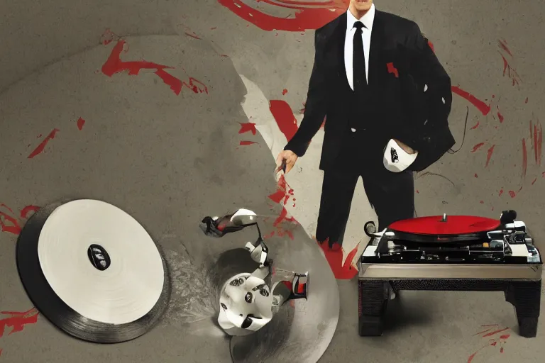 Image similar to an expressive portrait of agent 4 7 from hitman wearing headphones and putting a vinyl record onto a turntable, dark background, red rim light, digita, l