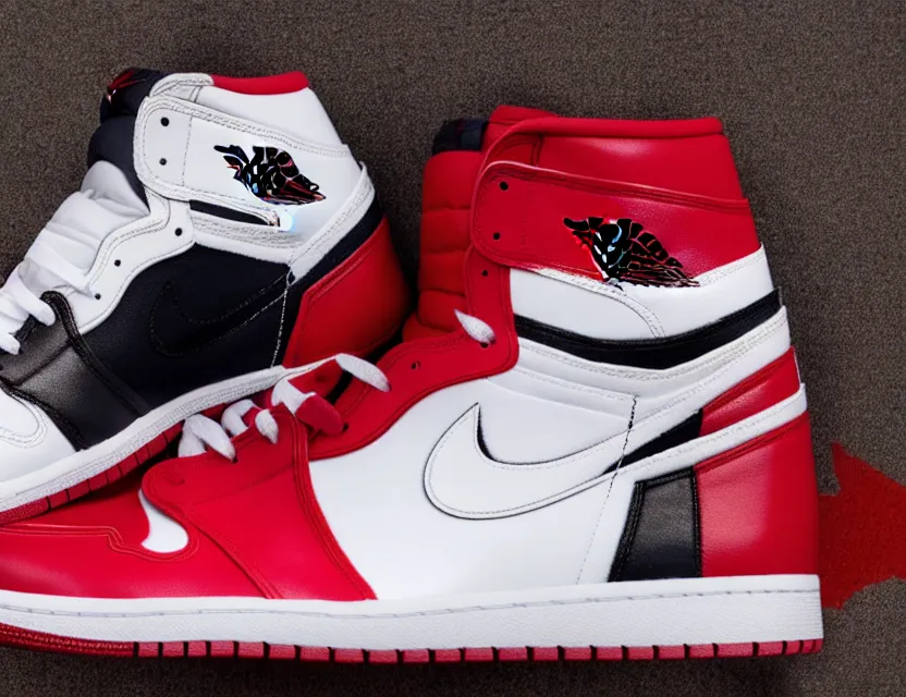 Prompt: a press photograph of nike jordan 1 red white and black, size 1 0, white background