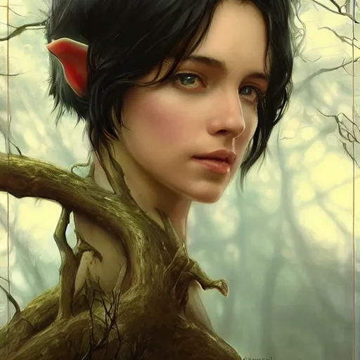 Prompt: d & d portrait of an elf resting on a tree, short black hair, regal sky blue robes, sharp focus, intricate, smooth, ultra realistic digital art, high fantasy, pointed ears, elegant, by artgerm, greg rutkowski, alphonse mucha