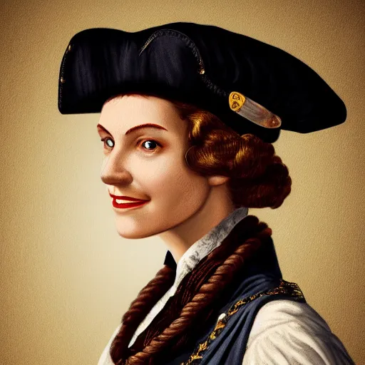 Prompt: smiling, beautiful, intelligent female pirate captain 3 5 years old, 1 9 4 0 s haircut, fully clothed, wise, beautiful, 1 7 5 0 s oil painting, dramatic lighting, trending on artstation, sharp focus