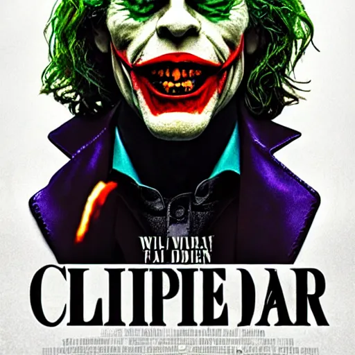 Image similar to willem dafoe as the joker, movie poster, superrealism, quality, post - production, image depth, focus, fine details, skin pores, makeup, gloomy, mysterious, hazy, 8 k