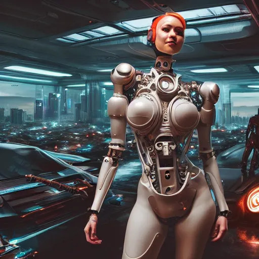 Image similar to a beautiful highly detailed futuristic mechanical lady in seductive confident pose, cyberpunk garage on jupiter, filled with people, art by geof darrow, 4 k, octane render