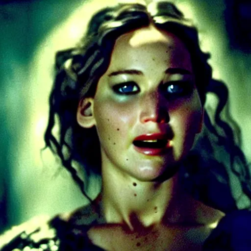 Image similar to cinematic jennifer lawrence as frankensteins monster, color photography, sharp detail, she is amused, still from the movie mary shelly's frankestein