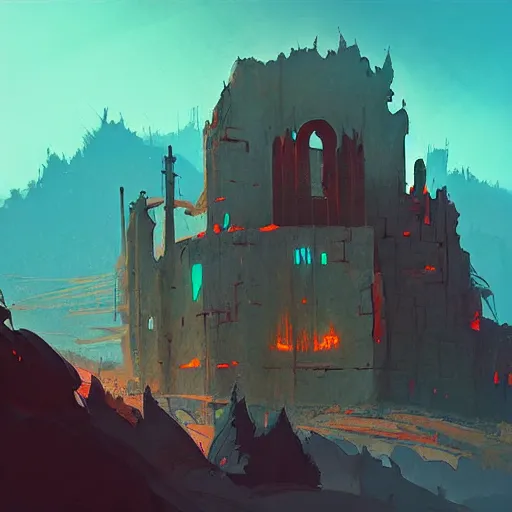 Image similar to concept art of a post - apocalyptic ruined monastery at the top of a mountain, grimy, gritty, trending on artstation, award winning painting, cgi, art by anton fadeev and john howe and guy denning and john harris