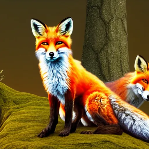 Image similar to photographic render of a fox with foxes on the background of the forest hyperrealistic 8k, very detailed