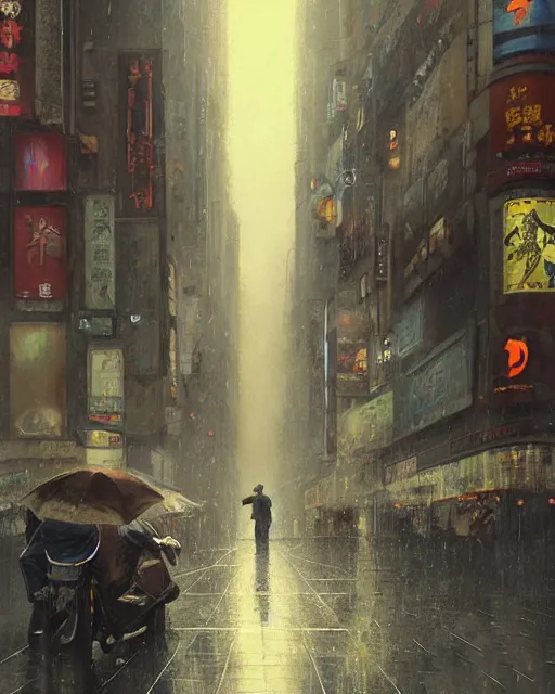 Prompt: a highly detailed epic cinematic concept art CG render digital painting artwork: Tokyo city street, raining. By Greg Rutkowski, in the style of Francis Bacon and Syd Mead and Norman Rockwell and Beksinski, open ceiling, highly detailed, painted by Francis Bacon and Edward Hopper, painted by James Gilleard, surrealism, airbrush, Ilya Kuvshinov, WLOP, Stanley Artgerm, very coherent, triadic color scheme, art by Takato Yamamoto and James Jean