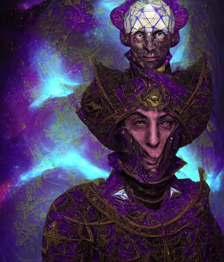 Image similar to front!!! shot of a court jester!!! character, mesmerizing fractal hypercubes, dark holography!!!, future, metallic nebula, crystalline edges, polygonal, elegant, highly detailed, centered, (((artstation, concept art, jagged, sharp focus, artgerm, Tomasz Alen Kopera, Peter Mohrbacher, donato giancola, Joseph Christian Leyendecker, WLOP, Boris Vallejo))), ((raytracing)), mugshot!!!!!, ugly!!!!!!, octane render, nvidia raytracing demo, octane render, nvidia raytracing demo, octane render, nvidia raytracing demo, 8K