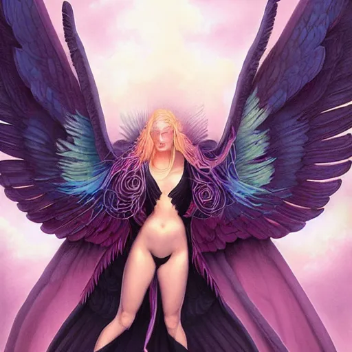 Image similar to a robed angel with iridescent black raven wings, by Peter Mohrbacher, Artgerm, Steve Argyle, Mark Brooks, Jim Burns