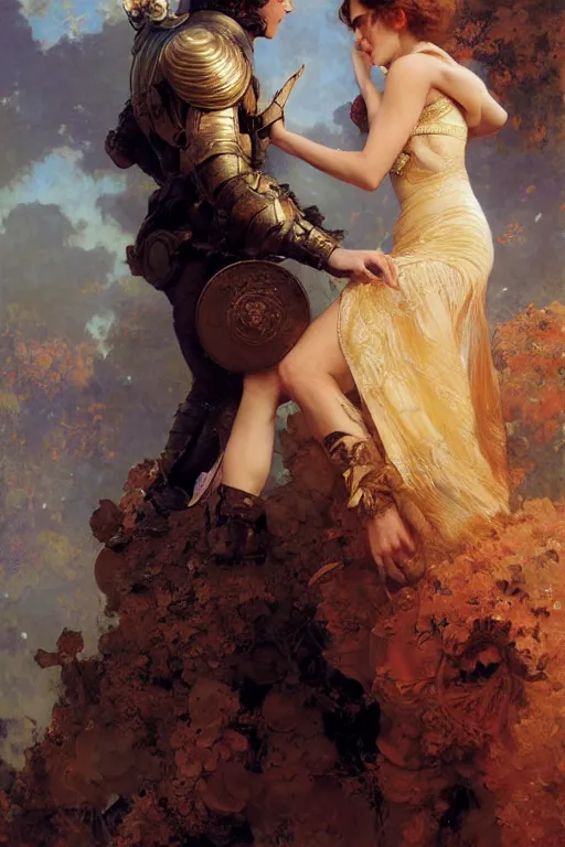 Prompt: emma watson mandelbrot fightsuit gaston bussiere craig mullins j. c. leyendecker curly updo