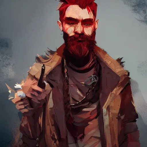 Image similar to human male character art, by Ismail Inceoglu, red hair, red beard, sunken eyes, shabby leather clothes, necklace, digital art, dungeons and dragons, art