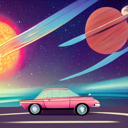 Image similar to 1960s car on a road in space driving towards a planet, trending on art station