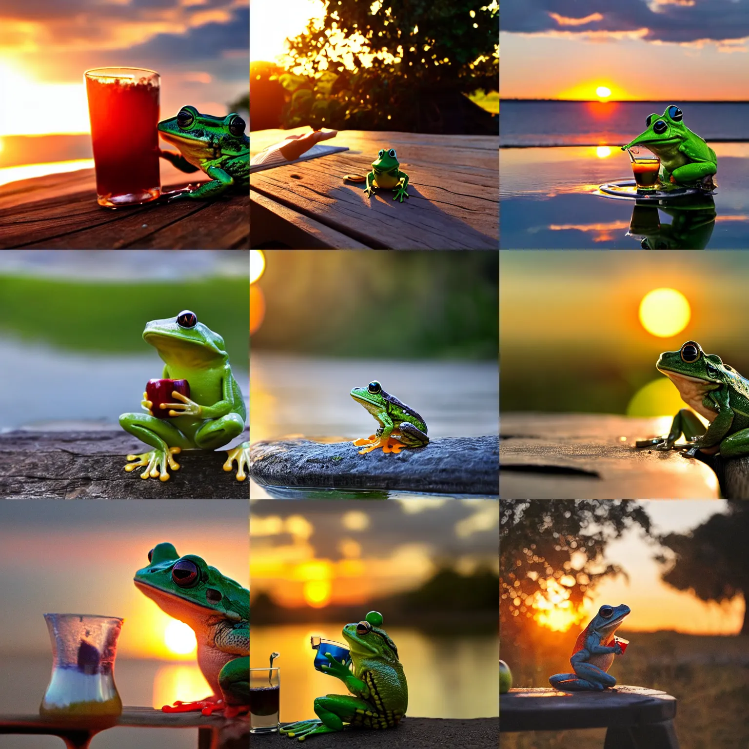 Prompt: A frog drinking apple juice while watching the sunset