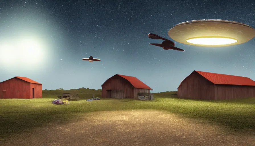 Image similar to a ufo floats over a barn with a broken roof, debris is ascending toward the ufo, volumetric lighting, night, photorealistic rendering, color palette, 8 k, hyperdetailed