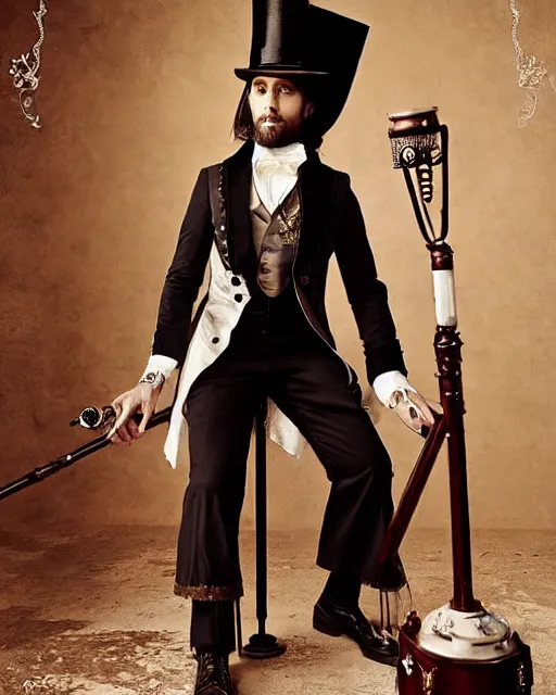 Prompt: Fashion Editorial of actor Jared Leto in an Sandy Powell designed Victorian Era Steampunk dress, wearing a top Hat and holding a Silver Cane, photographed in the Style of Annie Leibovitz