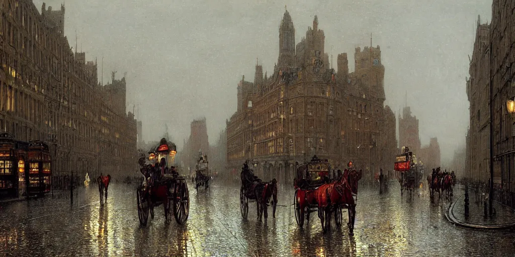 Image similar to Horse carriages on a Victorian city street on a rainy day in London, evening, low angle view, detailed matte painting, cinematic, John Atkinson Grimshaw, Artstation