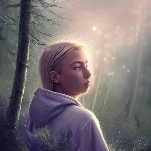 Prompt: portrait, stunningly beautiful blond girl wearing a hoodie, sits in a mystical misty forest, reading under a tree, fireflies and fairies, dramatic lighting, cinematic, establishing shot, extremly high detail, foto realistic, cinematic lighting, post processed, concept art, artstation, matte painting, style by eddie mendoza, raphael lacoste, alex ross,