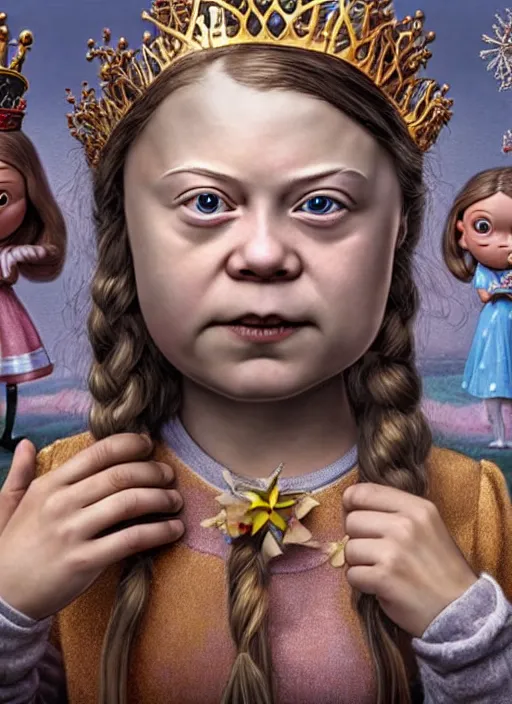 Image similar to highly detailed closeup, face profile portrait of greta thunberg as a tin toy fairytale princess wearing a crown eating cakes, bikini, unreal engine, nicoletta ceccoli, mark ryden, earl norem, lostfish, global illumination, detailed and intricate environment