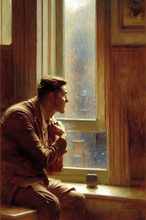 Image similar to irresistible man staring through a window, rainy day cafe painting by gaston bussiere, craig mullins, j. c. leyendecker