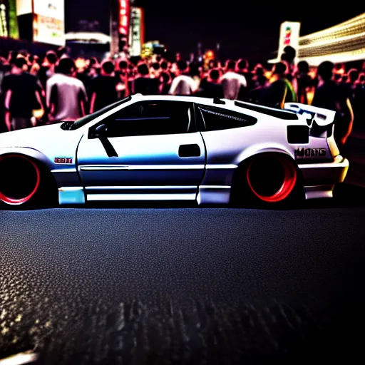 Image similar to a car 300ZX twin turbo drift at illegal car meet, Shibuya prefecture, city midnight mist lights, cinematic lighting, photorealistic, highly detailed wheels, high detail