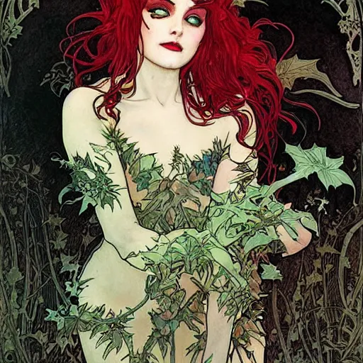 Prompt: a beautiful painting a goth girl dressed as a teenage poison ivy, dark eyeliner, intricate, elegant, highly detailed, digital painting, artstation, concept art, matte, sharp focus, illustration, art by rebecca guay and by arthur rackham and by alphonse mucha and by john william waterhouse
