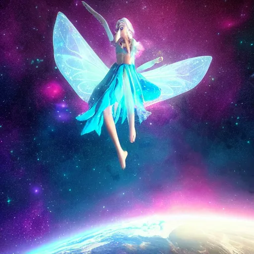 Prompt: magical fairy floating in space, epic, beautiful, stunning concept art, highly detailed, galaxy background, rendered in octane, unreal engine, trending on artstation, realistic, diviantart