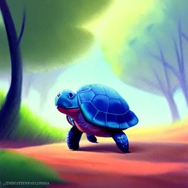 Image similar to Goro Fujita ilustration a cute turtle happily walking through the forest, painting by Goro Fujita, sharp focus, highly detailed, ArtStation