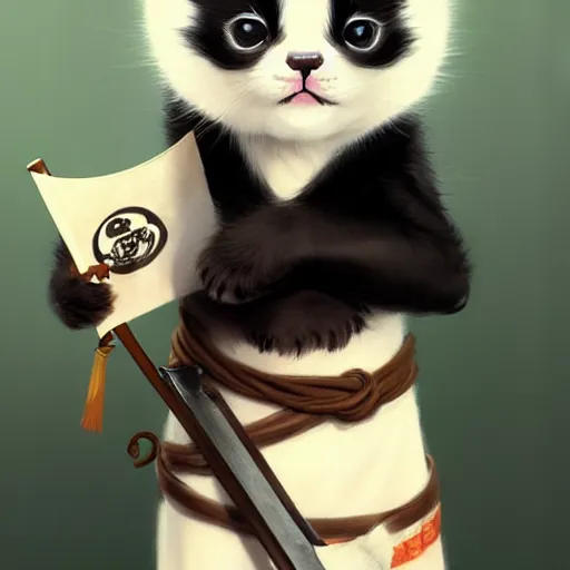 Image similar to cute kitten with panda body and cat face, in a kimono, holds a sword, by greg rutkowski, highly detailed, 4 k