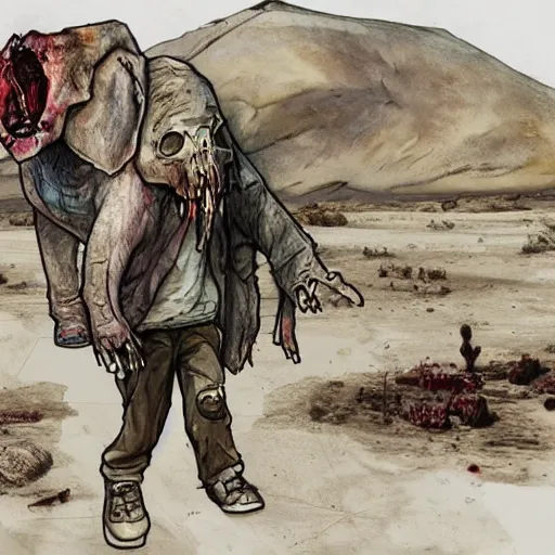 Image similar to a sketch of a decomposing zombie in a post - apocalyptic desert, gta 5 cover art style, the desert is in watercolor, elephant skull, pencil, intermediate art, paper art, pencil, bold lines, humans with apocalypse clothes on in the background, by an gta 5 loading screen artist