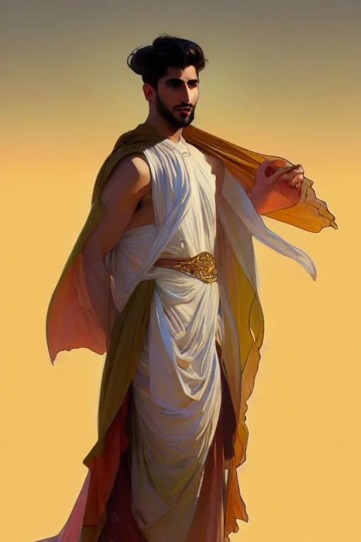 Image similar to full figure beautiful young fit arabic man, dressed with multicolored fluent clothes, luminous scene, by greg rutkowski and alphonse mucha, d & d character, gradient white to gold, in front of a dune desert background, highly detailed portrait, digital painting, artstation, concept art, smooth, sharp focus illustration, artstation hq