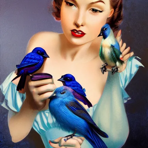 Image similar to pinup girl holding an indigo bunting, bird, the bird is wearing a bowtie, by greg rutkowski, rossdraws, gil elvgren, enoch bolles, anime, porcelain skin, very coherent